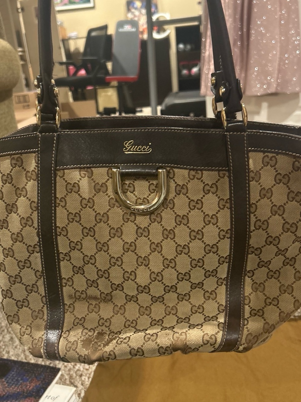 Gucci Beige Brown GG Canvas Tote with Dark Brown Trim